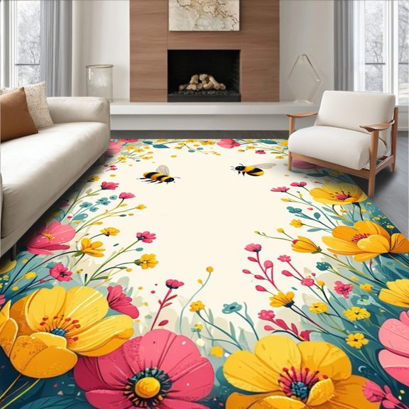 ODIKA 2'x3' Machine Washable Non-Slip Area Rug, Whimsical Bee and Flower Patterned for Playful Spaces High Traffic Rug, Yellow, 88542