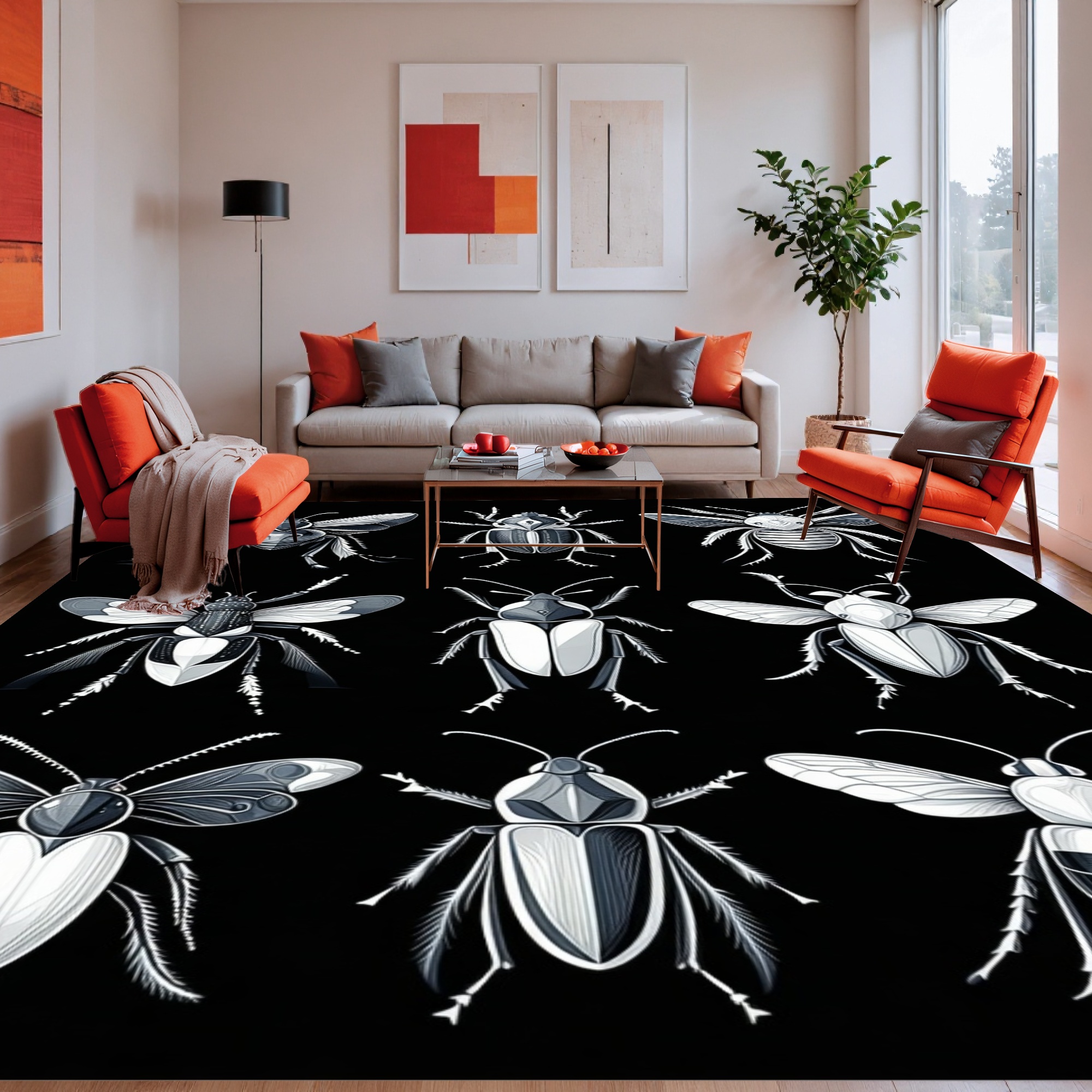 Flatwoven High Traffic Area Rug, Whimsical Beetle Motif, Non Slip ...