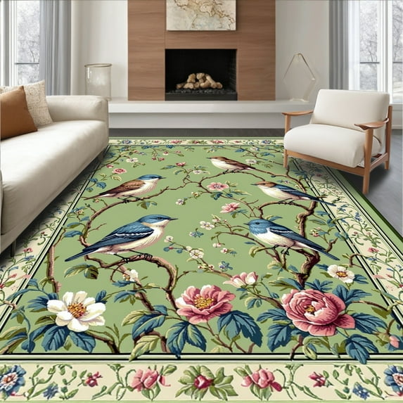 ODIKA 5'x7' Machine Washable Non-Slip Area Rug, Whimsical Birds and Wildflowers in a Vintage Cottage Style High Traffic Rug, Green, 278815