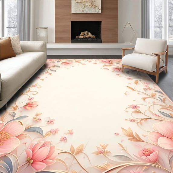 ODIKA 2'x3' Machine Washable Non-Slip Area Rug, Whimsical Blossom Medallion with Delicate Petal Motifs and Curved Edges High Traffic Rug, Pink, 221024