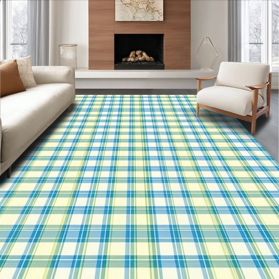 ODIKA 4'x6' Machine Washable Non-Slip Area Rug, Whimsical Border Checkered Accent With Playful Grid Design High Traffic Rug, Yellow, 152462