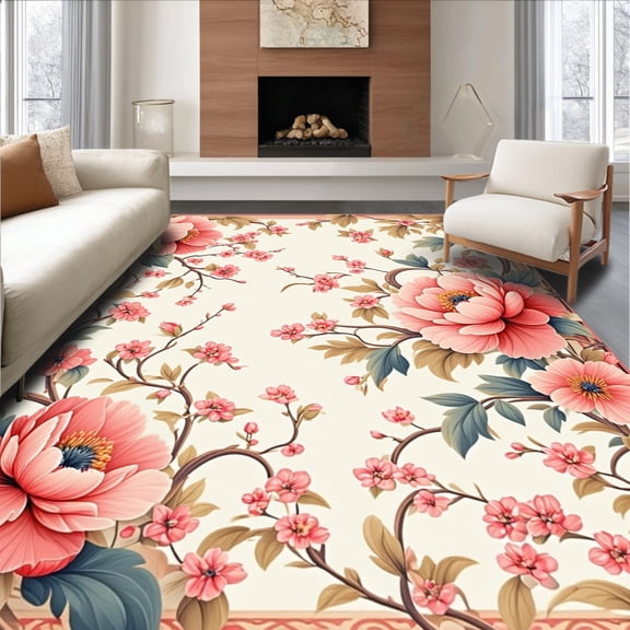 Flatwoven High Traffic Area Rug, Whimsical Botanical Design Rug with Colorful Floral Elements, Non Slip, Stain Resistant, Washable Area Rugs for Living Room, Bedroom(Coral, 2X3)