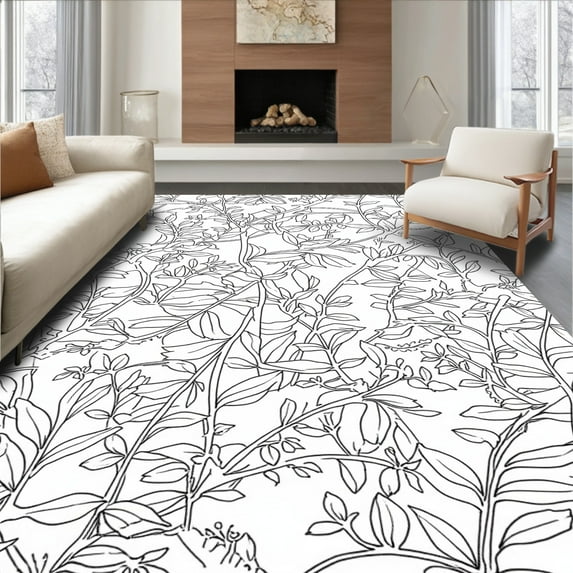 Flatwoven High Traffic Area Rug, Whimsical Botanical Flourish Black & White, Non Slip, Stain Resistant, Washable Area Rugs for Living Room, Bedroom(Black, 10X10)