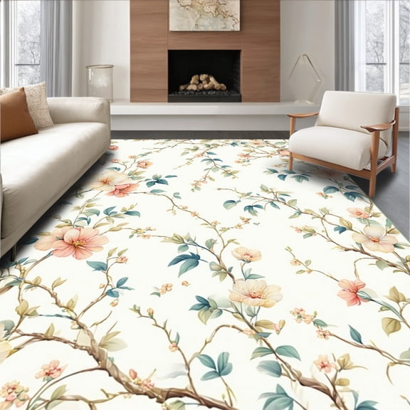 Flatwoven High Traffic Area Rug, Whimsical Botanical Vine Runner Artistic Floral Design, Non Slip, Stain Resistant, Washable Area Rugs for Living Room, Bedroom(Ivory, 2X3)