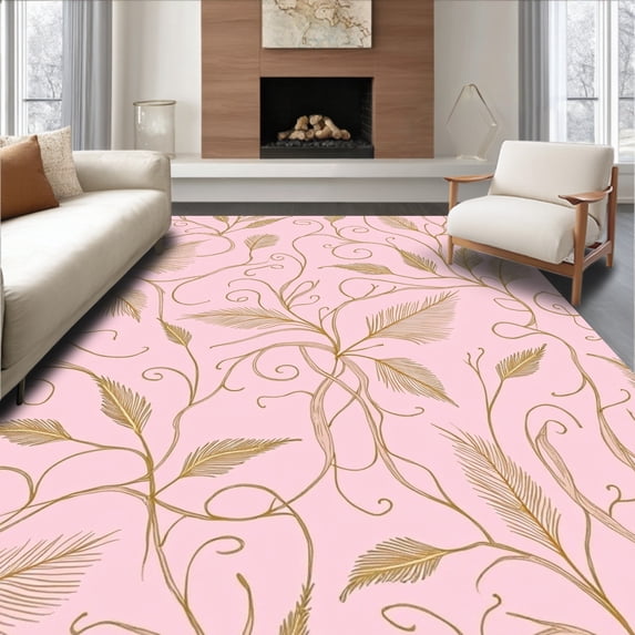 ODIKA 8'x10' Machine Washable Non-Slip Area Rug, Whimsical Bow and Feather with Delicate Vines Petals High Traffic Rug, Pink, 331766