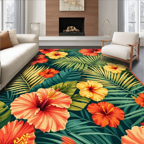 ODIKA 8'x10' Machine Washable Non-Slip Area Rug, Whimsical Bright Botanical High Traffic Rug, Red, 14521