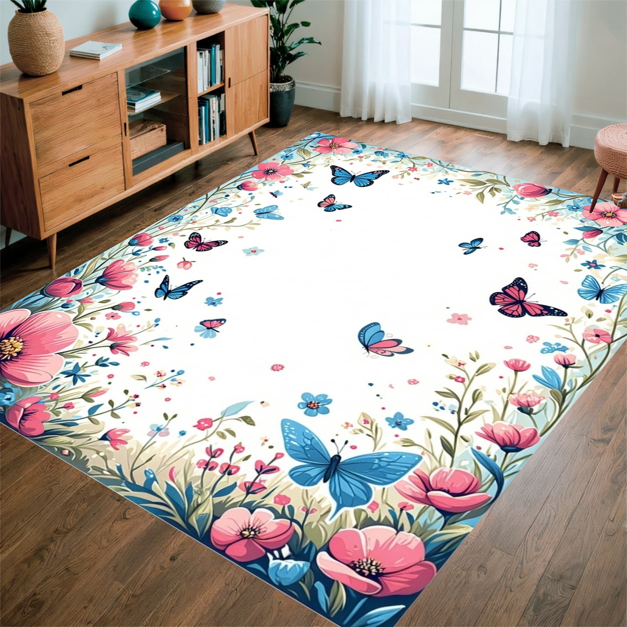 Flatwoven High Traffic Area Rug, Whimsical Butterfly Garden With ...