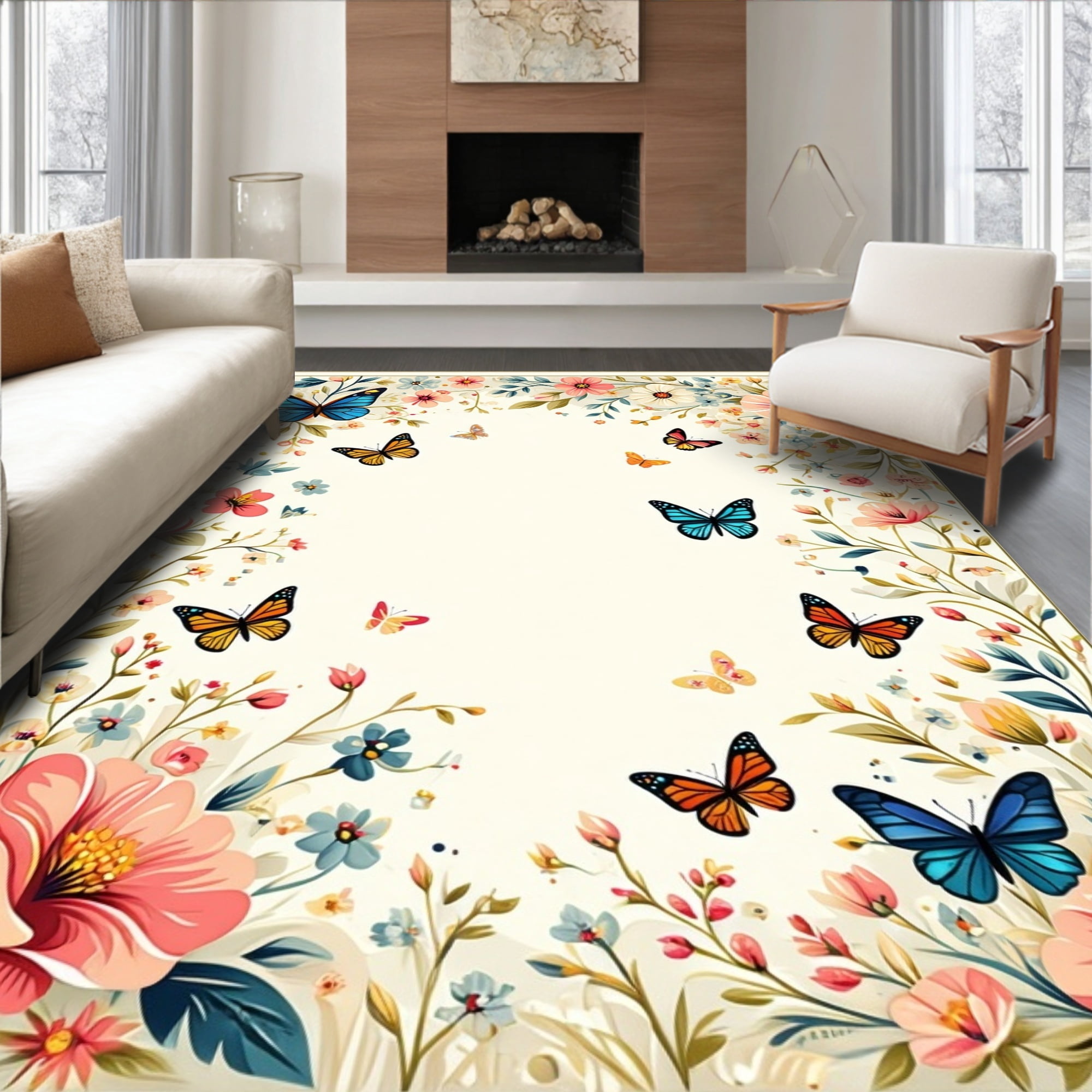 Sprinkle Area Rug Flatwoven High Traffic Area Rug, Whimsical Butterfly Garden with ...