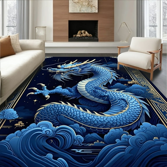 ODIKA 4'x6' Machine Washable Non-Slip Area Rug, Whimsical Celestial Dragon Concept High Traffic Rug, Blue, 14405