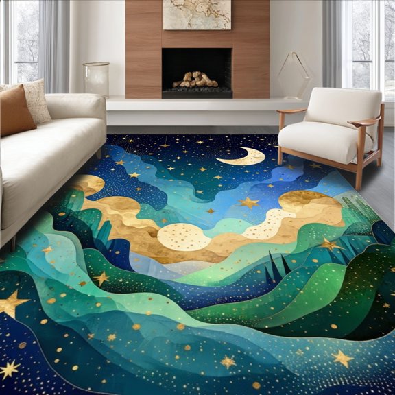 Flatwoven High Traffic Area Rug, Whimsical Celestial Dreamscape Floor Mat Cosmic Gold Multi Design, Non Slip, Stain Resistant, Washable Area Rugs for Living Room, Bedroom(Blue, 2X3)