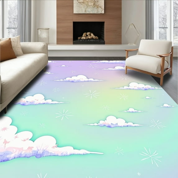 ODIKA 3'x5' Machine Washable Non-Slip Area Rug, Whimsical Cloud and Constellation Anti Slip with Dreamy Motifs High Traffic Rug, Purple, 392863