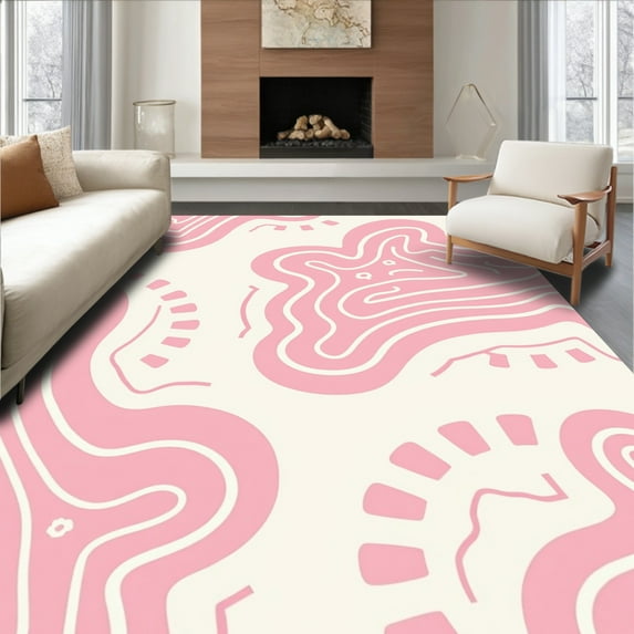 ODIKA 2'x3' Machine Washable Non-Slip Area Rug, Whimsical Cloud Swirl Artistic Accent High Traffic Rug, Pink, 394352