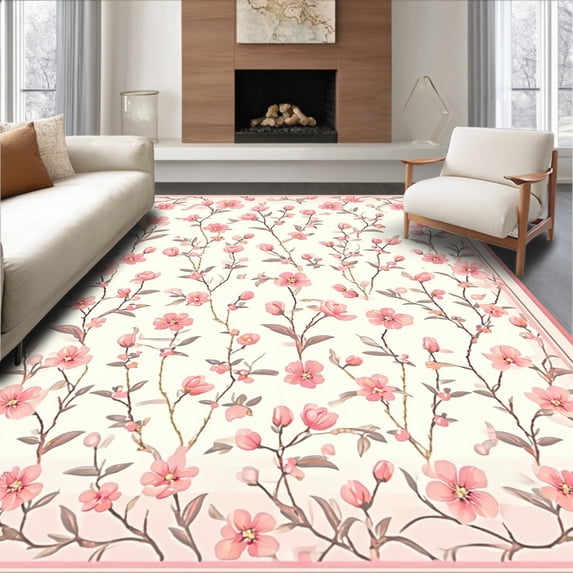 ODIKA 4'x6' Machine Washable Non-Slip Area Rug, Whimsical Dainty Flower Sprays with Tiny Buds and Flowing Stems High Traffic Rug, Pink, 218928