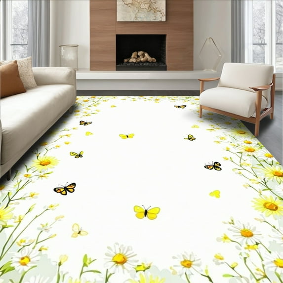 ODIKA 3'x5' Machine Washable Non-Slip Area Rug, Whimsical Daisy Bloom with Delicate Wildflower Design High Traffic Rug, White, 85266