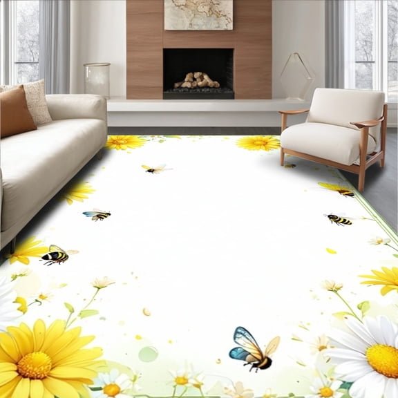 ODIKA 2'x3' Machine Washable Non-Slip Area Rug, Whimsical Daisy Bloom with Playful and Bee Motifs High Traffic Rug, Yellow, 85271