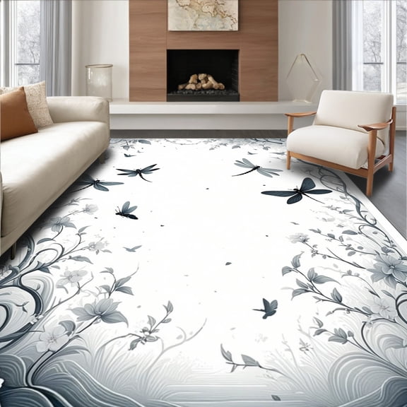 ODIKA 8'x10' Machine Washable Non-Slip Area Rug, Whimsical Dragonfly Garden with Interlocking Vines and Blossoms High Traffic Rug, Gray, 279557