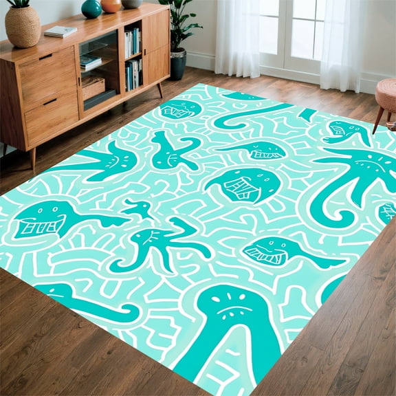 ODIKA 2'x3' Machine Washable Non-Slip Area Rug, Whimsical Elephant Parade with Curved Lines and Playful Spots High Traffic Rug, Blue, 324736