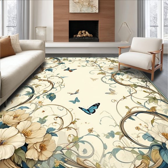 ODIKA 4'x6' Machine Washable Non-Slip Area Rug, Whimsical Fairytale Garden Scrollwork with Enchanted Florals and Vines High Traffic Rug, Ivory, 164898