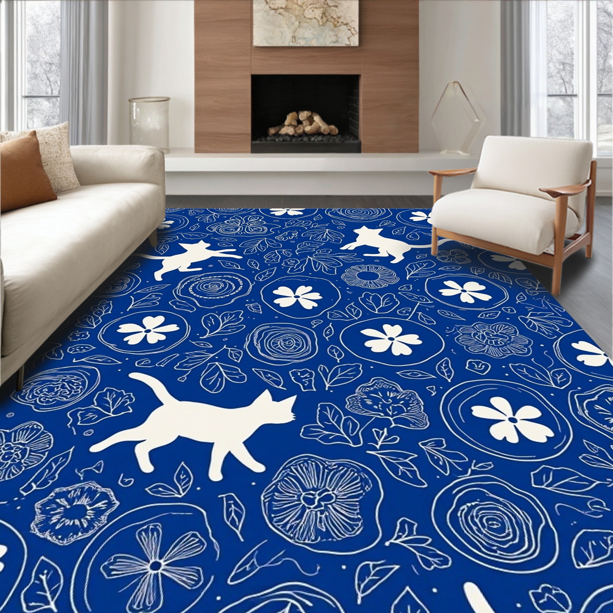 ODIKA 4'x6' Machine Washable Non-Slip Area Rug, Whimsical Feline ...