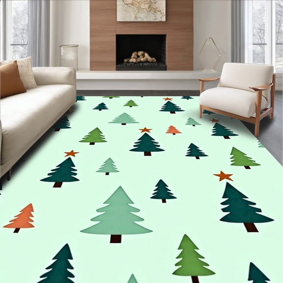 Flatwoven High Traffic Area Rug, Whimsical Festive Christmas Trees and Golden Stars, Non Slip, Stain Resistant, Washable Area Rugs for Living Room, Bedroom(Teal, 4X6)