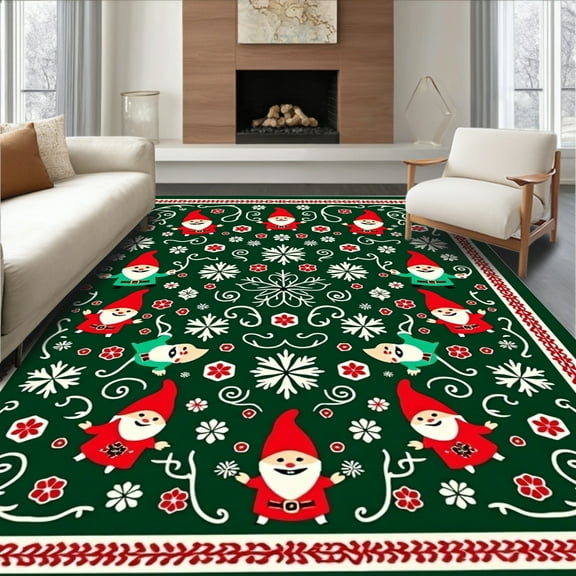 ODIKA 4'x6' Machine Washable Non-Slip Area Rug, Whimsical Nordic Winter Folklore Entrance High Traffic Rug, Green, 509158
