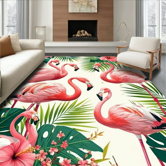 Flatwoven High Traffic Area Rug, Whimsical Flamingo Tropical Style, Non Slip, Stain Resistant, Washable Area Rugs for Living Room, Bedroom(Pink, 4X6)