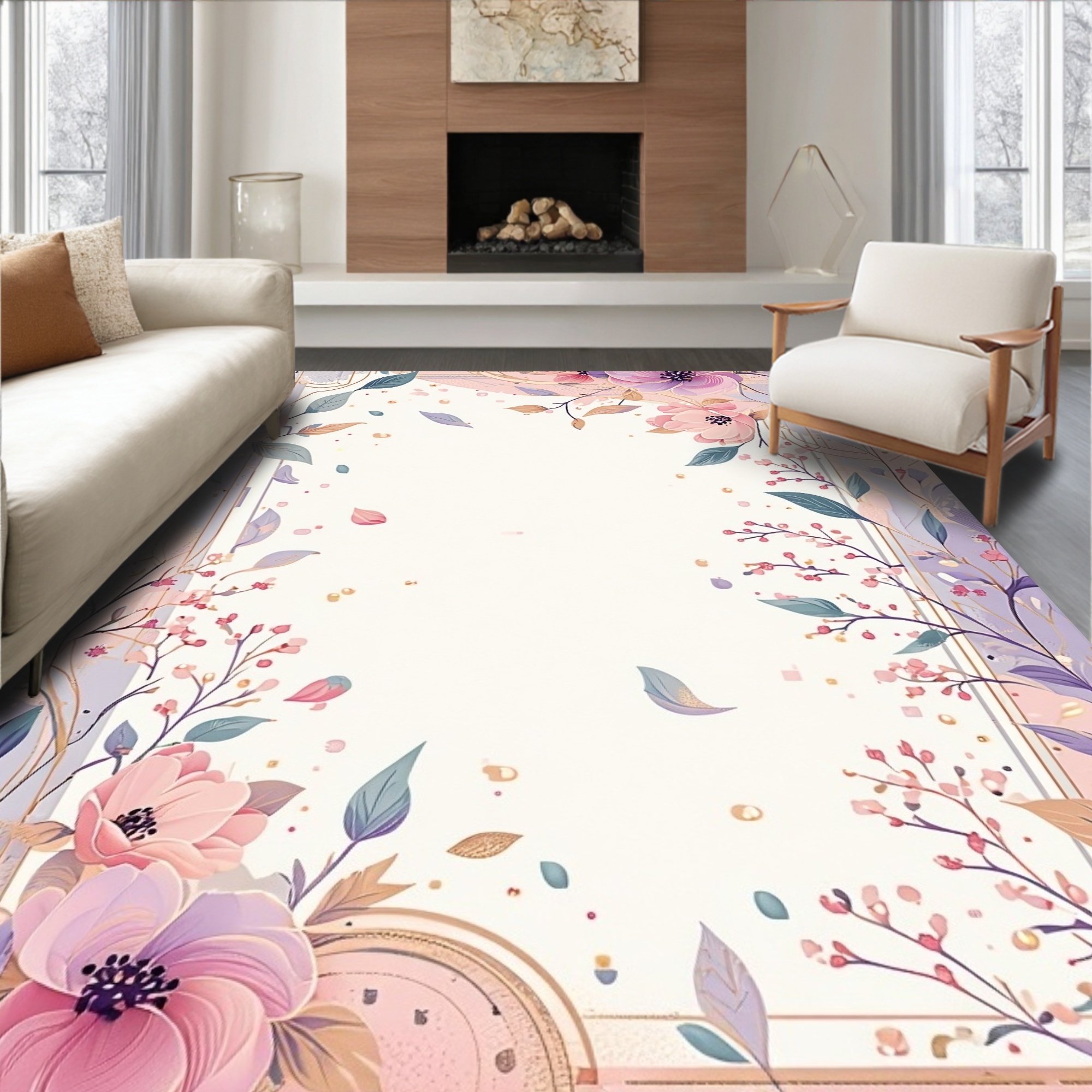 Flatwoven High Traffic Area Rug, Whimsical Floral with Abstract Leaf ...