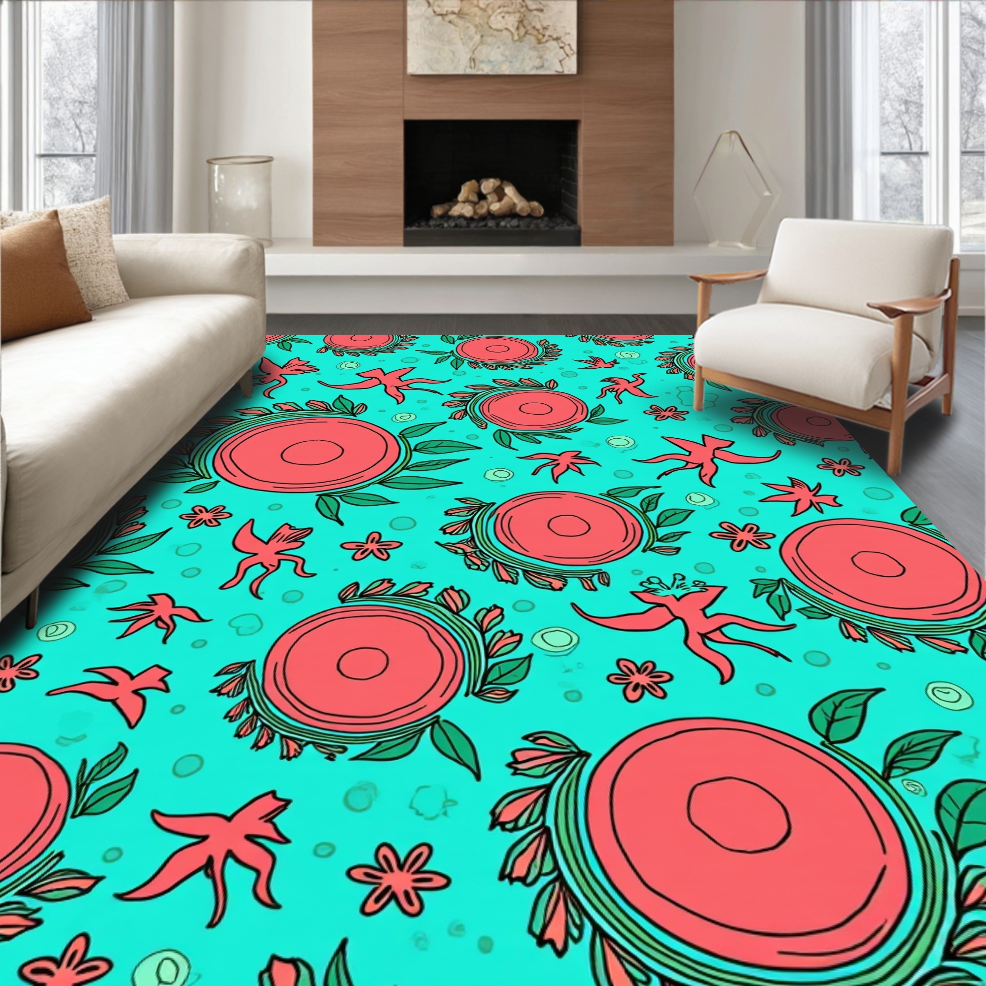 ODIKA 8'x8' Machine Washable Non-Slip Area Rug, Whimsical Floral ...