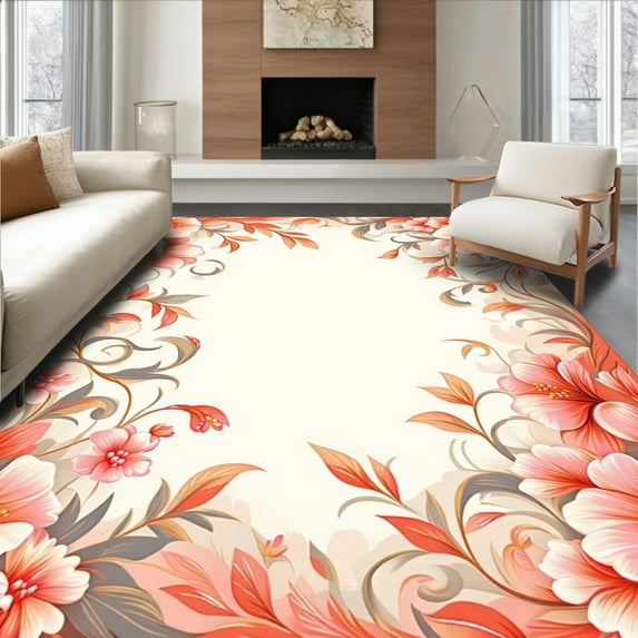ODIKA 3'x5' Machine Washable Non-Slip Area Rug, Whimsical Floral Burst Artistic Floor Covering High Traffic Rug, Peach, 216590