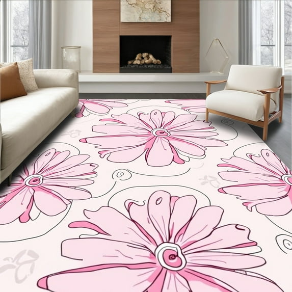 ODIKA 6' Machine Washable Non-Slip Area Rug, Whimsical Floral Motif in Pink and Tones High Traffic Rug, Pink, 393225