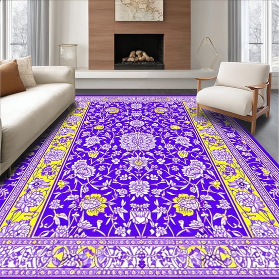 ODIKA 5'x7' Machine Washable Non-Slip Area Rug, Whimsical Floral Patterned High Traffic Rug, Purple, 36292