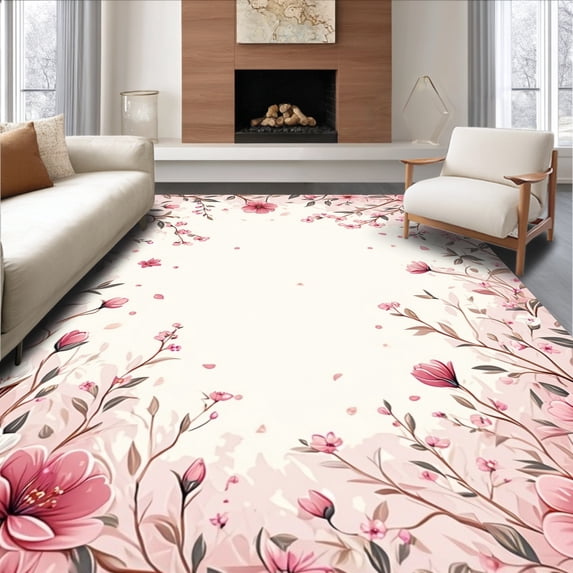 ODIKA 8'x10' Machine Washable Non-Slip Area Rug, Whimsical Floral Sprig Patterned for Sweet Dreams High Traffic Rug, Pink, 145653