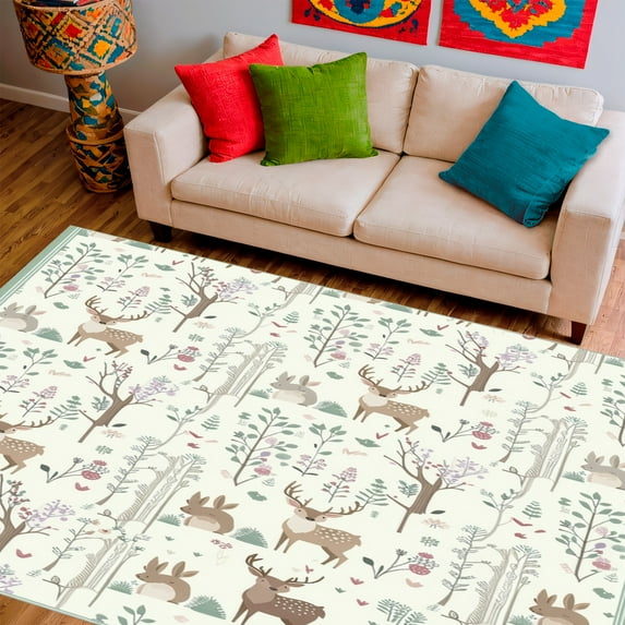 ODIKA 4'x6' Machine Washable Non-Slip Area Rug, Whimsical Forest Critter High Traffic Rug, Ivory, 156614