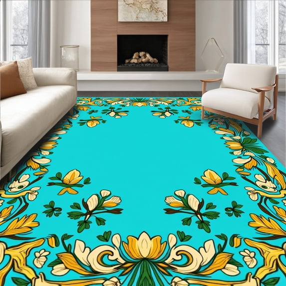 ODIKA 6'x9' Machine Washable Non-Slip Area Rug, Whimsical Forest Wonderland with Enchanting Rabbit Illustrations High Traffic Rug, Turquoise, 313951