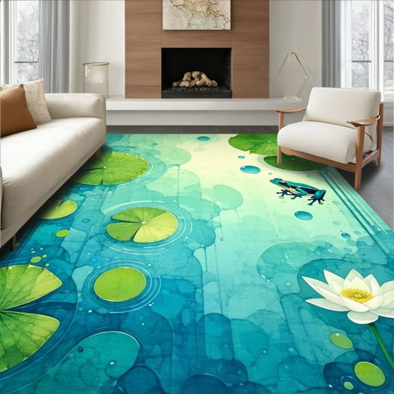 ODIKA 4'x6' Machine Washable Non-Slip Area Rug, Whimsical Frog Pond with Playful Lily and Water Ripple Design High Traffic Rug, Blue, 92844