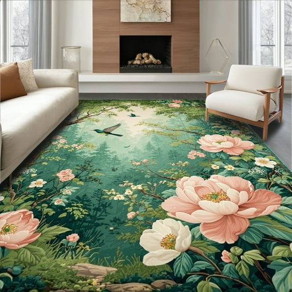ODIKA 5'x7' Machine Washable Non-Slip Area Rug, Whimsical Garden Escape with Floral Scrolls and Forest Animal Details High Traffic Rug, Green, 281923