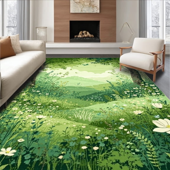 ODIKA 6'x9' Machine Washable Non-Slip Area Rug, Whimsical Garden Patch Dreamy Meadow Moss High Traffic Rug, Green, 92998