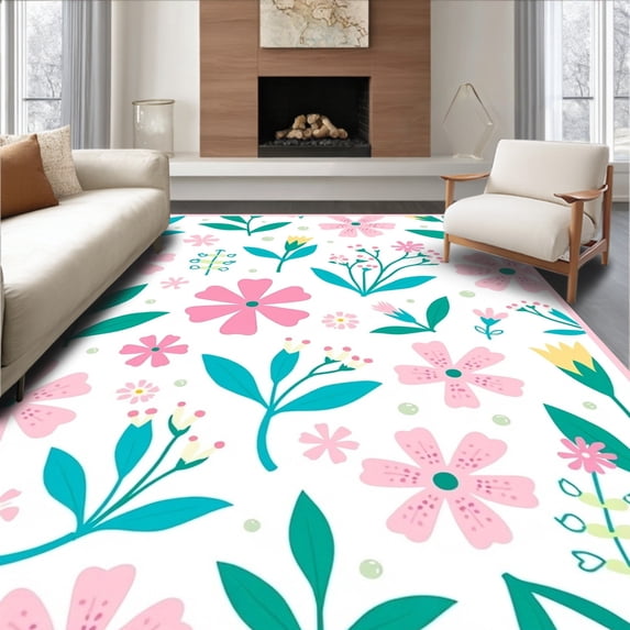 Flatwoven High Traffic Area Rug, Whimsical Garden Playful Pastel Blooms Design, Non Slip, Stain Resistant, Washable Area Rugs for Living Room, Bedroom(Pink, 5X7)