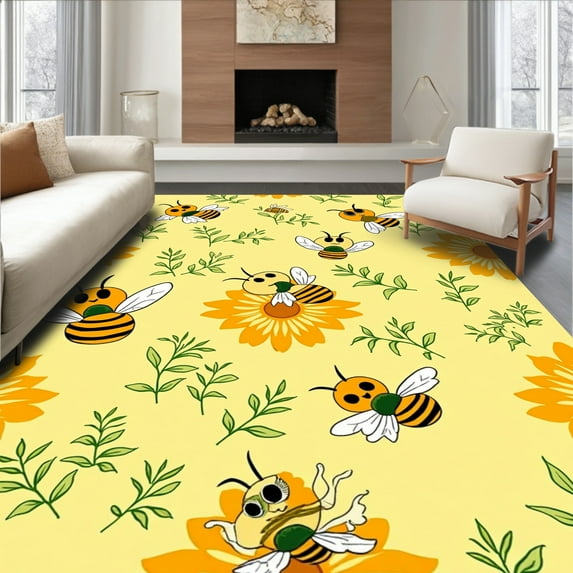 ODIKA 4'x6' Machine Washable Non-Slip Area Rug, Whimsical Garden Scene with Playful Bees and Abstract Floral High Traffic Rug, Yellow, 301475