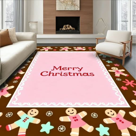 Flatwoven High Traffic Area Rug, Whimsical Gingerbread Figures Christmas with Festive Stars, Non Slip, Stain Resistant, Washable Area Rugs for Living Room, Bedroom(Brown, 4X6)