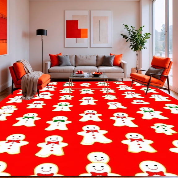 ODIKA 6'x9' Machine Washable Non-Slip Area Rug, Whimsical Gingerbread Man Holiday Floor Art High Traffic Rug, Red, 149184