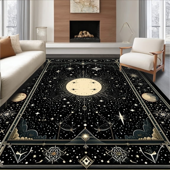 ODIKA 8'x10' Machine Washable Non-Slip Area Rug, Whimsical Gothic Lace Inspired High Traffic Rug, Black, 34787