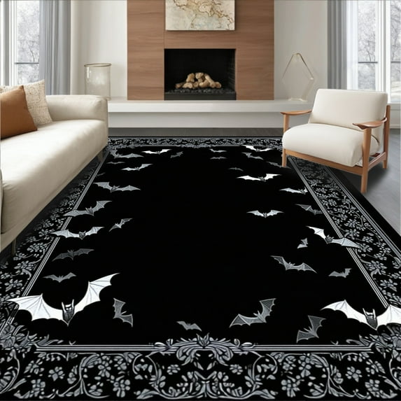 ODIKA 4'x6' Machine Washable Non-Slip Area Rug, Whimsical Halloween Themed High Traffic Rug, Black, 29636