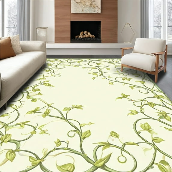 ODIKA 3'x5' Machine Washable Non-Slip Area Rug, Whimsical Heartfelt Swirling Vines with Delicate Embracing Curves High Traffic Rug, Green, 166538