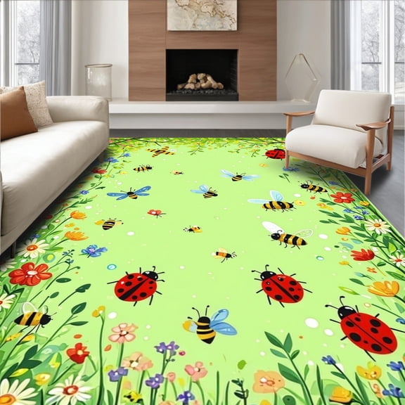 Flatwoven High Traffic Area Rug, Whimsical Insect Motif Delicate Runner, Non Slip, Stain Resistant, Washable Area Rugs for Living Room, Bedroom(Green, 2X3)
