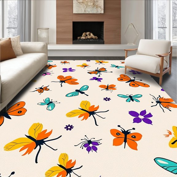 Flatwoven High Traffic Area Rug, Whimsical Insect Playful Bug Area, Non Slip, Stain Resistant, Washable Area Rugs for Living Room, Bedroom(Orange, 2X3)