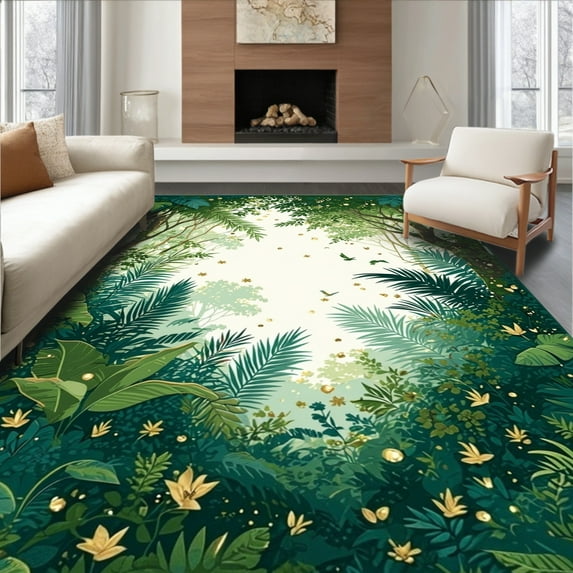 ODIKA 8'x10' Machine Washable Non-Slip Area Rug, Whimsical Jungle Inspired with Elegant Botanical High Traffic Rug, Green, 283367