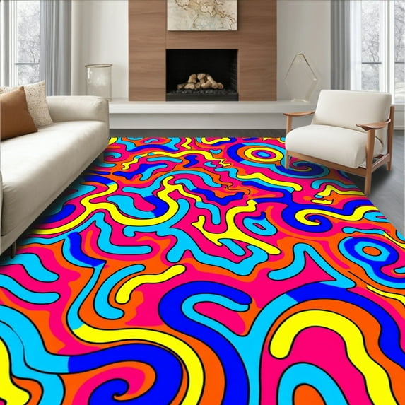 ODIKA 2'x3' Machine Washable Non-Slip Area Rug, Whimsical Kaleidoscope with Vibrant Colors and Shapes High Traffic Rug, Pink, 395745