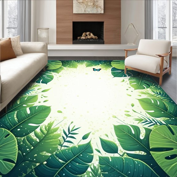Flatwoven High Traffic Area Rug, Whimsical Labyrinth Monstera With Edges, Non Slip, Stain Resistant, Washable Area Rugs for Living Room, Bedroom(Green, 6X9)