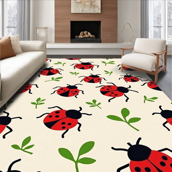 ODIKA 6' Machine Washable Non-Slip Area Rug, Whimsical Ladybug Meadow Playful Insect High Traffic Rug, Beige, 288351